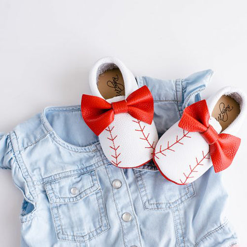 Baseball Baby Moccasins with Bow and Red Sole
