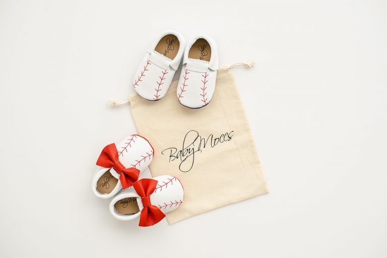 Baseball Baby Moccasins with Bow and Red Sole